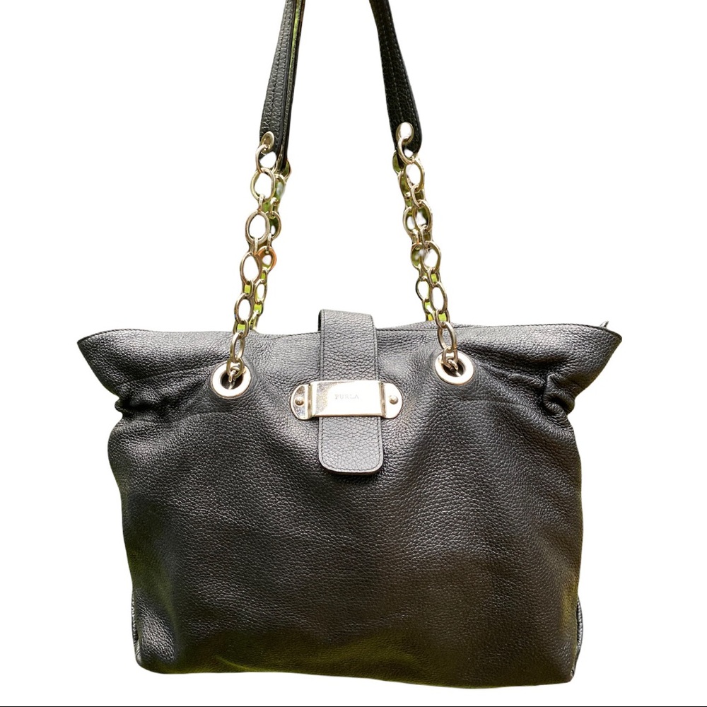 Furla vintage soft black pebble leather bag with chain handles